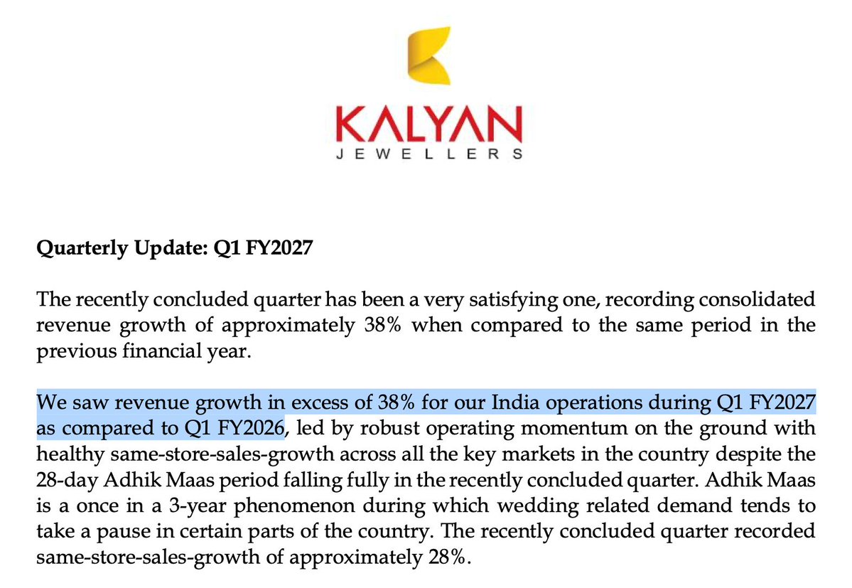 vklpm22's tweet photo. Kalyan is down 5% today because it reported somewhat weaker numbers to Titan.

In Q1, Titan’s sales grew by 41% whereas Kalyan did 38% despite being much smaller in size. 

See that’s interesting about investing, on independent basis, someone will say Kalyan did well. But market looks comparatively.

#kalyanjewellers #q1fy27