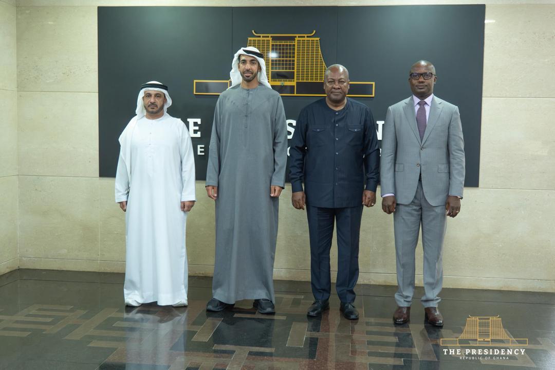 JoyNewsOnTV's tweet photo. President John  Mahama on Monday welcomed a high-level delegation from the United Arab Emirates, led by HH Sheikh Abdullah bin Zayed Al Nahyan, Minister of State in the UAE Ministry of Foreign Affairs.

The visit is aimed at exploring investment opportunities in Ghana's energy sector while strengthening the longstanding bilateral ties and cooperation between Ghana and the UAE.