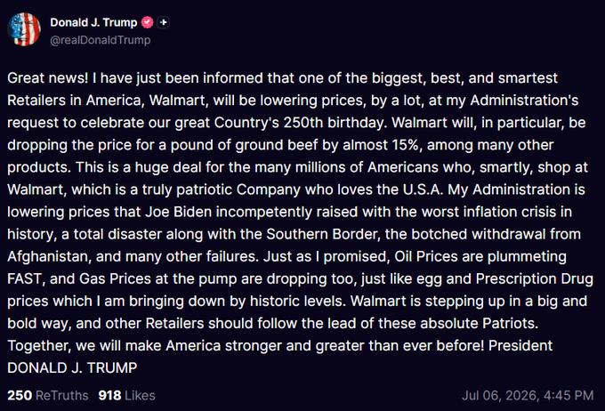 JB10124N's tweet photo. BREAKING: President Trump states Walmart ($WMT) has notified the administration it will slash prices “significantly” at his request to mark America’s 250th semiquincentennial anniversary.
Per Trump, ground beef will see price cuts of nearly 15% as part of the rollback. https://t.co/vDwXcKwHKX