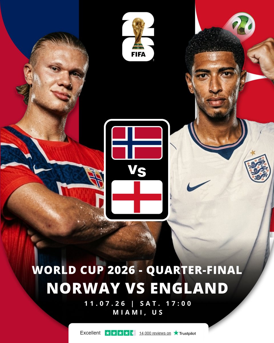 FootballTicketN's tweet photo. A monumental World Cup Quarter-Final clash, will the relentless Viking Spirit strike again, or will the Three Lions conquer the pitch and march straight into the Semi-Finals? 
#FootballTicketNet #WorldCup2026 #England #Norway #ThreeLions #VikingSpirit #FootballTickets https://t.co/gZvku4xTDa