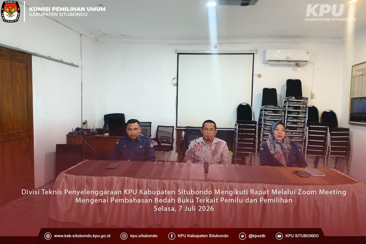 kpustb's tweet photo. #temanpemilih

Selasa, 7 Juli 2026 KPU Kabupaten Situbondo menghadiri rapat daring melalui zoom meeting yang diselenggarakan oleh KPU Provinsi Jawa Timur, Rapat tersebut membahas mengenai Pembahasan Bedah Buku Terkait Pemilu dan Pemilihan.

#kpumelayani https://t.co/441xYjXNuG