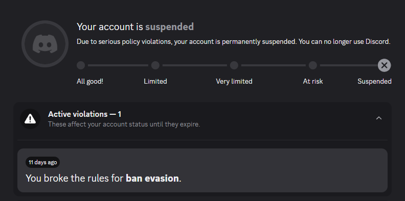 sacredchuu's tweet photo. @discord_support What about the people who were falsely banned for ban evasion??? I've had this account since 2016 with no previous warnings. I was never banned before. https://t.co/9Cax3UBNaK