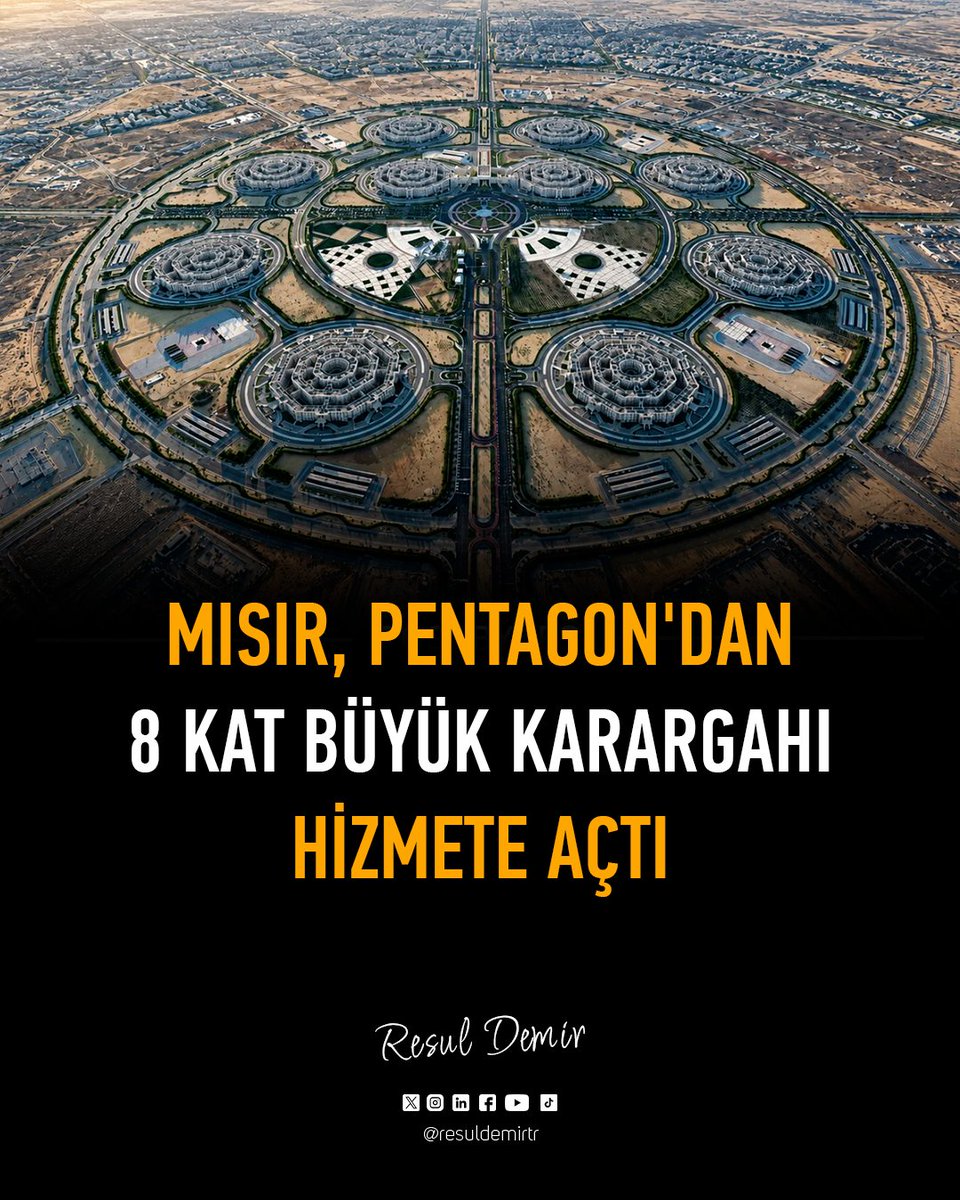 resuldemirtr's tweet photo. Mısır, askeri altyapısını güçlendirecek dev bir projeyi daha resmen hizmete aldı.

Yeni İdari Başkent'te inşa edilen The Octagon, Pentagon'u geride bırakarak dünyanın en büyük savunma kompleksi unvanını kazandı.

Çölün ortasında 22 bin dönümlük arazi üzerine kurulan Oktagon, Mısır Savunma Bakanlığı, Genelkurmay Başkanlığı ve tüm kuvvet komutanlıklarını tek bir kampüs altında toplamayı hedefliyor. Kompleksin büyüklüğünün, ABD Savunma Bakanlığı binası Pentagon’un yaklaşık sekiz katı olduğu belirtiliyor.

Sekizgen mimarisiyle dikkat çeken dev kompleks, yaklaşık Pentagon'un 8 katı büyüklüğünde bir alana yayılıyor.

The Octagon; Kara, Deniz ve Hava Kuvvetleri başta olmak üzere Mısır Silahlı Kuvvetlerinin tüm kuvvet komutanlıklarını, harekât merkezlerini ve stratejik yönetim birimlerini tek bir kampüste bir araya getiriyor.

Bu yapı sayesinde komuta-kontrol süreçlerinin hızlandırılması, kuvvetler arası koordinasyonun güçlendirilmesi ve kriz anlarında daha etkin karar alma mekanizmalarının oluşturulması hedefleniyor.

Son yıllarda askeri modernizasyon projelerine büyük yatırımlar yapan Mısır, The Octagon ile yalnızca yeni bir karargâh inşa etmekle kalmadı; aynı zamanda bölgedeki askeri yönetim altyapısını da yeni bir seviyeye taşımayı amaçlıyor.

Dev kompleks, büyüklüğü ve sahip olduğu altyapıyla dünyanın en dikkat çekici askerî komuta merkezlerinden biri olarak gösteriliyor.