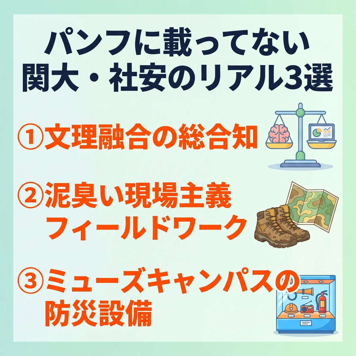 classvisit's tweet photo. 関大の社会安全学部＝警察や消防の専門学校だと思っていませんか？🙅‍♀️
実は法学から情報工学まで駆使し『災害や事故を防ぐ社会』をデザインする超文理融合の頭脳派学部なんです🏫✨
AO入試で必須の『考動力』と高2秋の到達目安を今すぐチェック👀✨
#大学受験 #関西大学 #社会安全学部 #総合型選抜 https://t.co/EiZ9hDxWAH