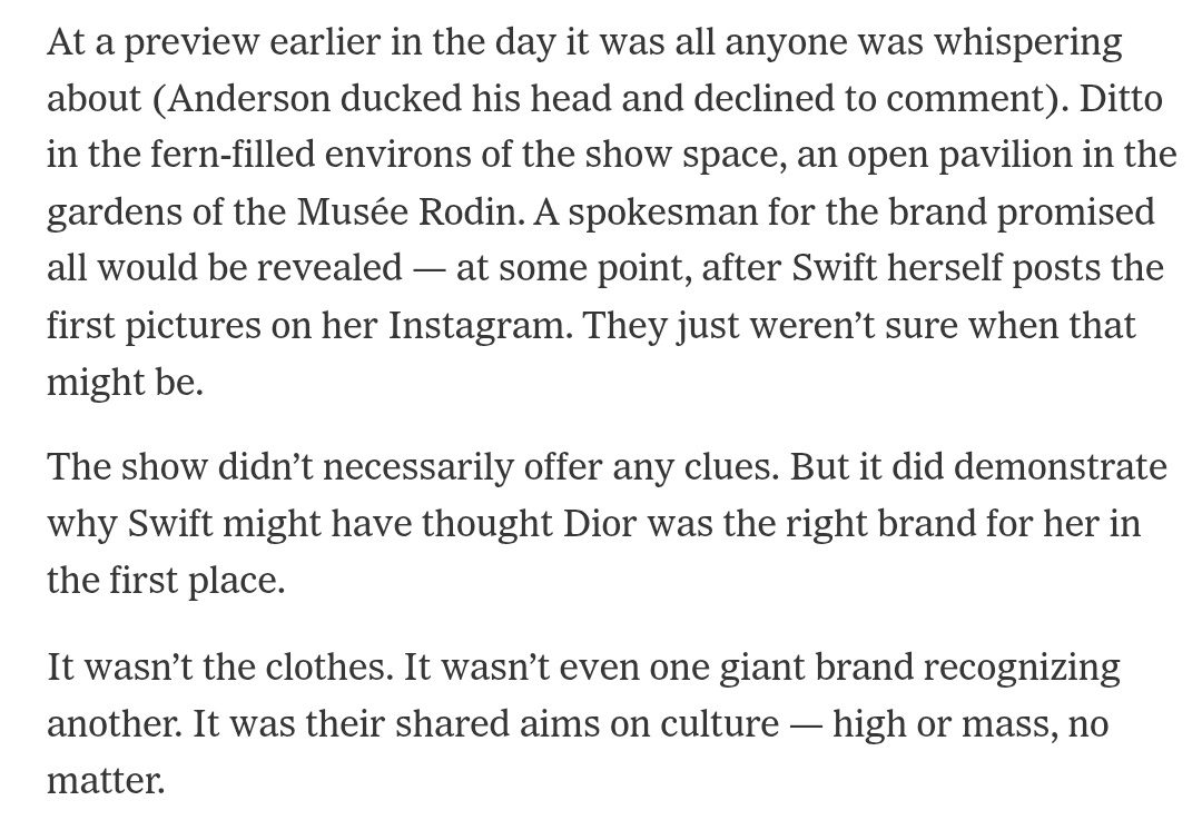 thequarterbIack's tweet photo. "There was an elephant on the front row at the Dior couture show Monday in Paris. At a preview earlier in the day it [Taylor's wedding dress] was all anyone was whispering about." The New York Times 😌✨️ https://t.co/d3G9IE1llz