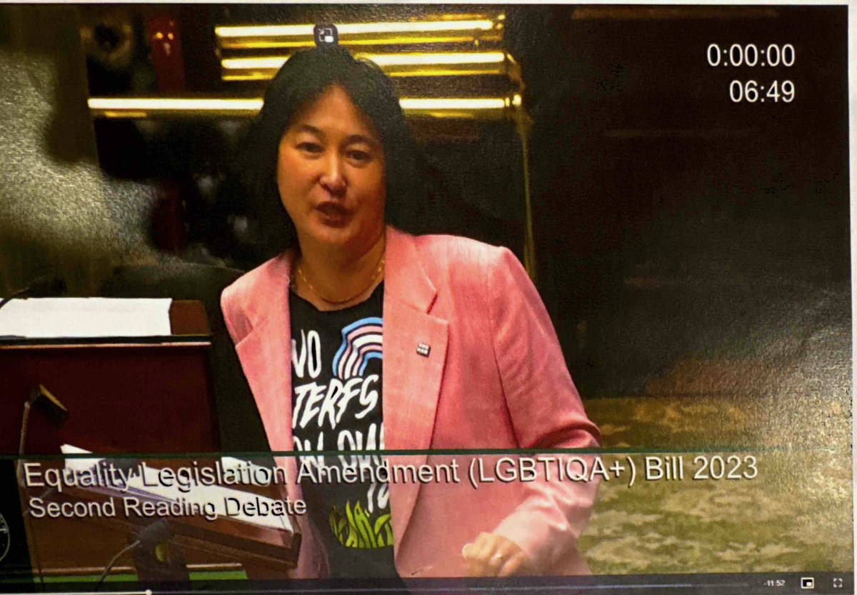 ActiveLesbians's tweet photo. A reminder of the state of politics in Australia. Here's NSW Greens MP @jennyleong in a No TERFs on our Turf t-shirt in Parliament for the debate of the dreadful Equality Legislation Amendment (LGBTIQA+) Act in 2023/4. TERF is a harmful & hateful slur on women yet she was able to wear this without being challenged by the Speaker or anyone in the Chamber or without anyone joining the dots about the hypocrisy when you know that the Bill included: "Crimes motivated by hatred/prejudice related to gender identity or variations of sex characteristics become aggravating factors in sentencing." Gender identity is embdeed in criminal law while women's sex-based rights no longer matter."