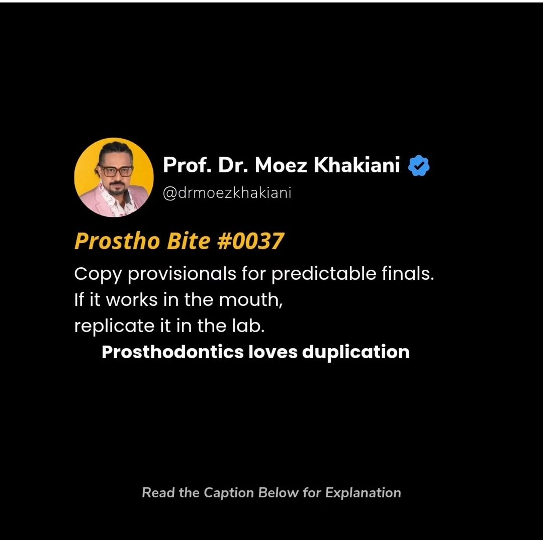 drmoezik's tweet photo. Provisionals are not temporary crowns.

They are prototypes.

A chance to test:
• Vertical dimension
• Anterior guidance
• Phonetics
• Aesthetics
• Comfort

Especially in smile design and FMR cases,
the provisional becomes your rehearsal.

And when the rehearsal works—

why improvise the final?

If the patient has adjusted and approved the provisionals, then why do we redesign everything for the final... Baffles me!

Take-home message:
Validate in the mouth. 
Replicate in the lab.