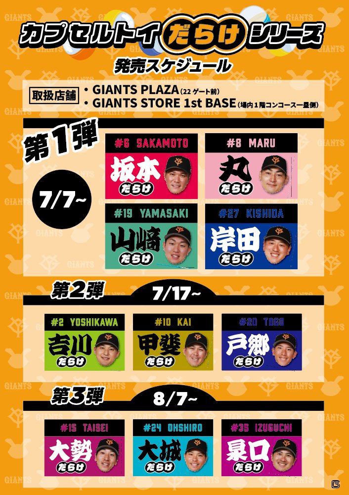 giants_goods's tweet photo. ／
カプセルトイ新商品🎊
「だらけ」シリーズ第1弾🔥
＼

何が出ても嬉しい💗
推し選手「だらけ」🤩

☑坂本勇人 選手
☑丸佳浩 選手
☑山﨑伊織 投手
☑岸田行倫 選手

📍GIANTS PLAZA
📍GIANTS STORE 1st BASE
※おひとり様5回まで https://t.co/EFHWGH0Ukt