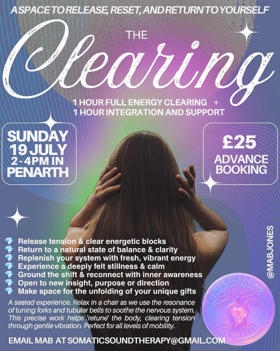 mabjones's tweet photo. “I could feel the calm healing energy as soon as I entered the room”

“A transformative experience”

The Clearing returns✨

A two-hour space using tuning forks + tubular bells to release, rebalance, ground, and reconnect.

Sun 19 July
2–4pm
Penarth

somaticsoundtherapy@gmail.com https://t.co/CmETfORbbj