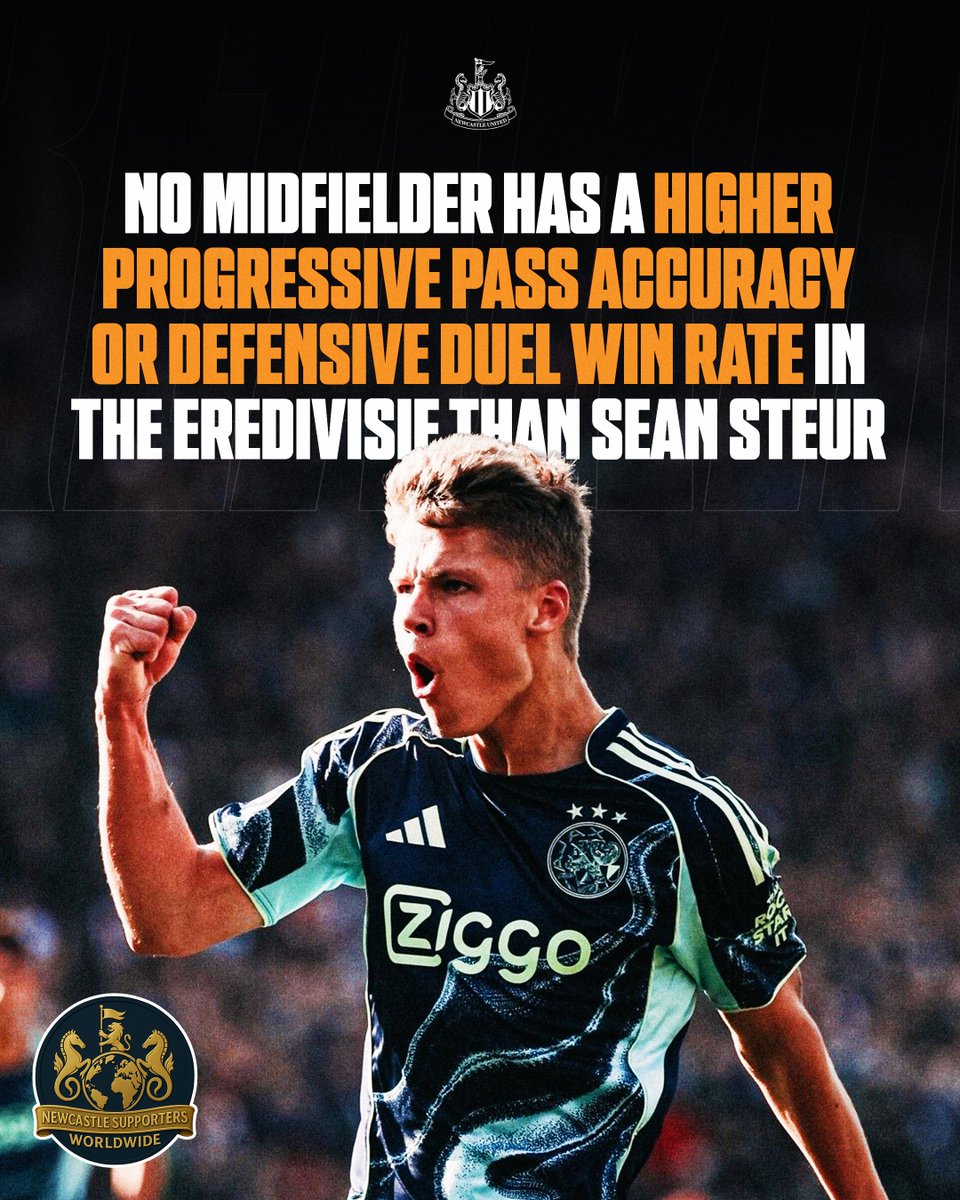 SupportersNufc's tweet photo. 🇳🇱 Newcastle's newest signing, Sean Steur :

◉ 98th percentile for duels won %
◉ 90th percentile for forward pass %
◉ 88th percentile for progressive carries
◉ 80th percentile for forward passes

No midfielder has a higher progressive pass accuracy or defensive duel win rate in the Eredivisie 💎

#NUFC #fblifestyle