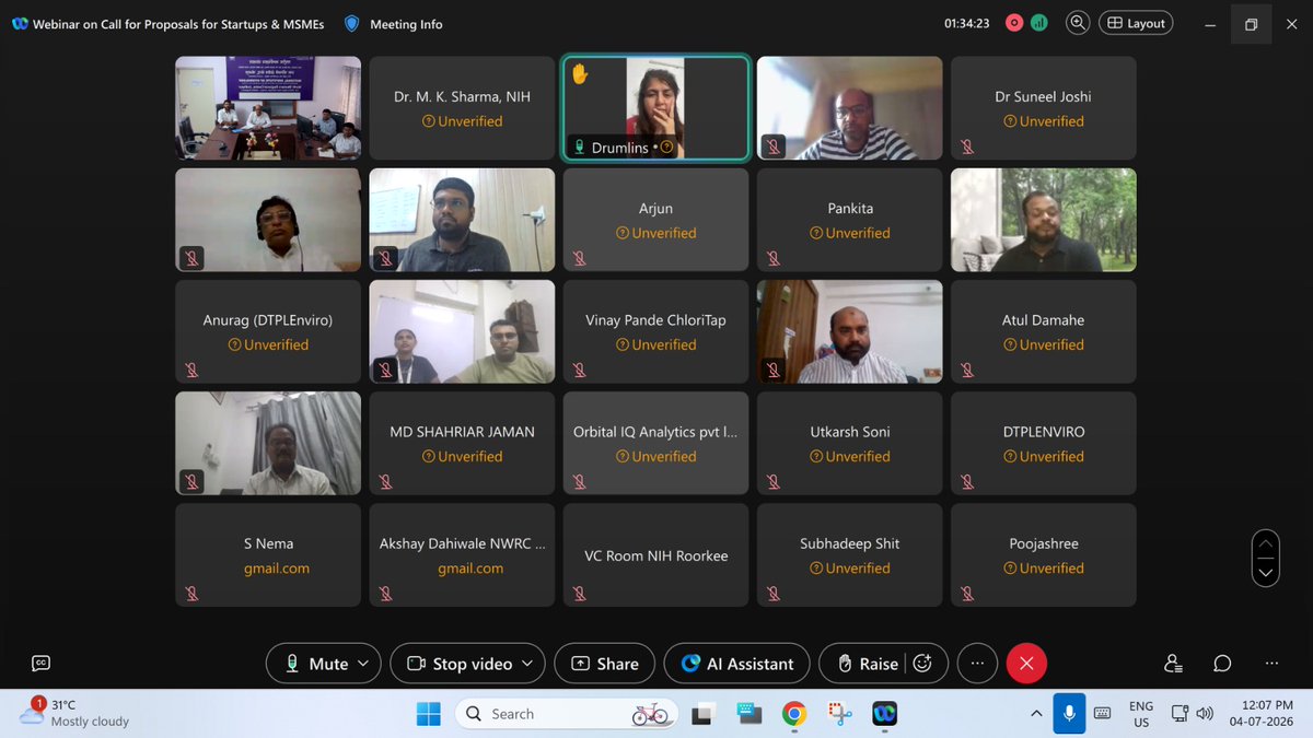 NIH_Hydrology's tweet photo. National Institute of Hydrology (NIH), North Western Regional Centre (NWRC), Jodhpur, successfully organized a webinar on the "Open Call for Startups & MSMEs to Develop Innovative Products, Prototypes, and Scalable Solutions for a Sustainable and Water-Secure Future," an initiative launched by the Ministry of Jal Shakti, Government of India, on 04 July 2026 at 11:00 AM. The webinar witnessed enthusiastic participation from 42 representatives of startups and MSMEs across the north-western states of India.
During the webinar, Dr. M.K. Sharma, Scientist-G, and Dr. S. Nema, Scientist-C & In-charge, NWRC, provided an overview of the Open Call initiative, highlighting its scope and opportunities for startups and MSMEs. The technical session and live demonstration of the Open Call portal were conducted by Mr. Dilip Barman, Scientist-B, and Mr. Akshay V. Dahiwale, Scientist-B, covering the thematic areas, focus areas, eligibility criteria, registration process, required documentation, and the latest updates on the Open Call.
The session concluded with an interactive Q&A, followed by a vote of thanks by Mr. Sudesh Singh Choudhary, Scientist-B, thanked all scientists and participants for their active engagement and valuable participation.
#WaterSecureFuture
#JalShaktiInnovates

#AquaPreneurs
#WaterTech2026

#HydroStartups

#NIHJodhpur