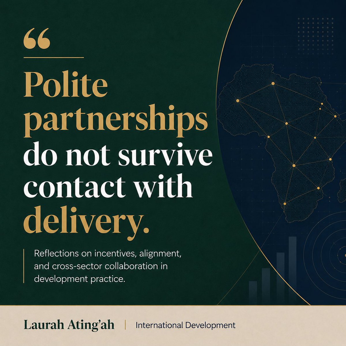 laurahatingah's tweet photo. Development projects can’t scale on goodwill.

Private-sector partnerships fail when incentives are misaligned but unnamed.

A private actor may optimise for scale; a public actor for equity. Both can sign the same theory of change and still pull apart once money gets tight. https://t.co/s9xa6BgN3t