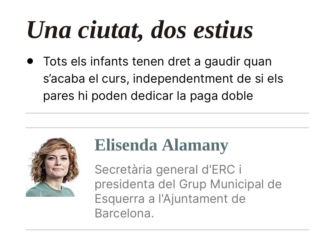 Elisendalamany's tweet photo. Avui els casals d'estiu costen una fortuna però són imprescindibles per a la majoria de famílies, que fan un sobreesforç econòmic molt important.

@ERCbcn hem portat (i aprovat) una iniciativa per bonificar el 50% dels casals d’estiu i que ho pagui l’exit de la ciutat. Si el turisme genera recursos, una part ha de servir perquè tots els infants de BCN puguin gaudir de l’estiu.

En parlo a @elperiodico ⬇️
📲 https://t.co/CqrywzBSQJ