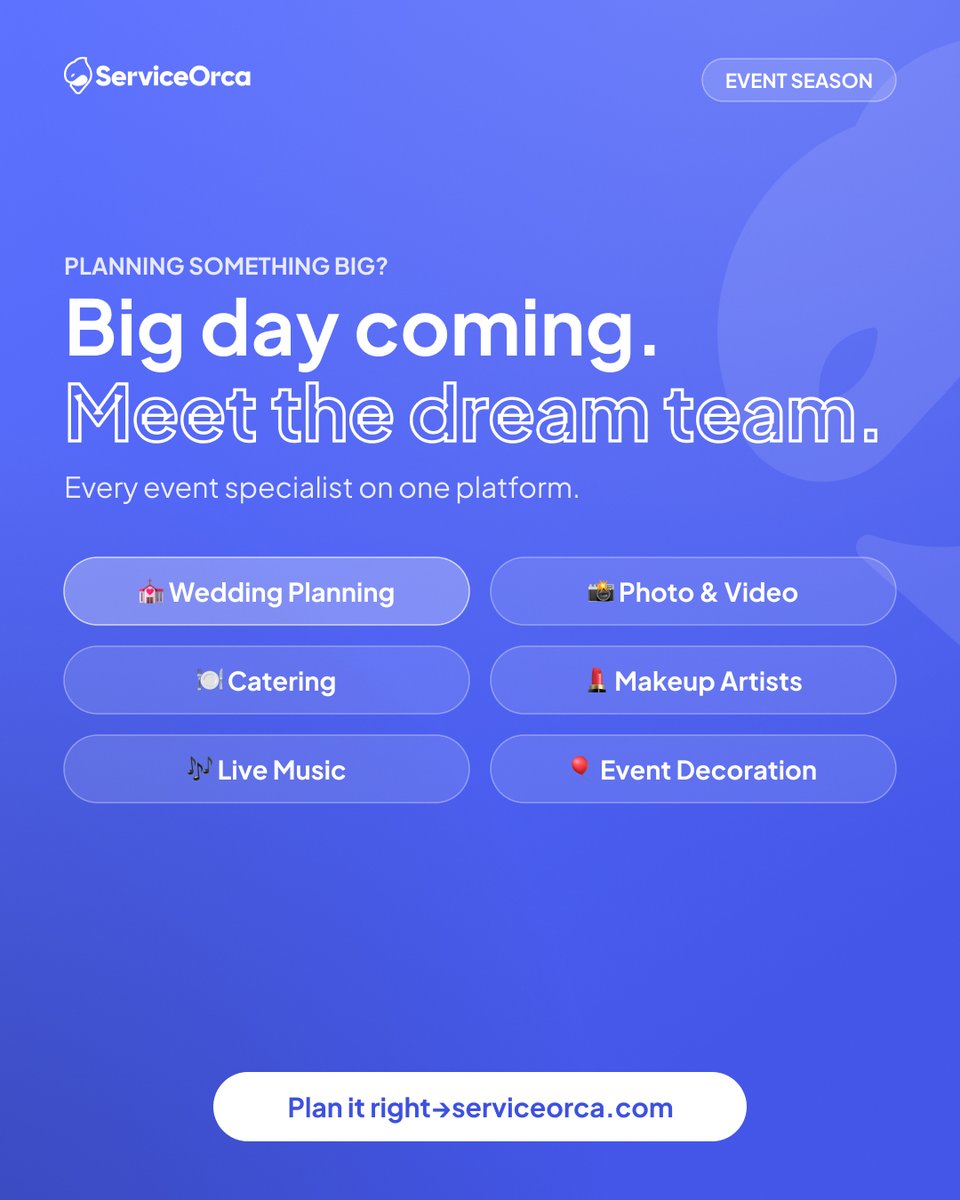 serviceorca's tweet photo. Big day coming? Meet the dream team. 💍

Wedding planners, photographers, caterers, makeup artists, musicians, decorators — every event specialist on one platform.

Plan it right → https://t.co/6GXuREZIZT

#ServiceOrca #EventPlanning #WeddingSeason #DreamTeam #FindAPro #BigDay https://t.co/d9K2Sqc5AZ