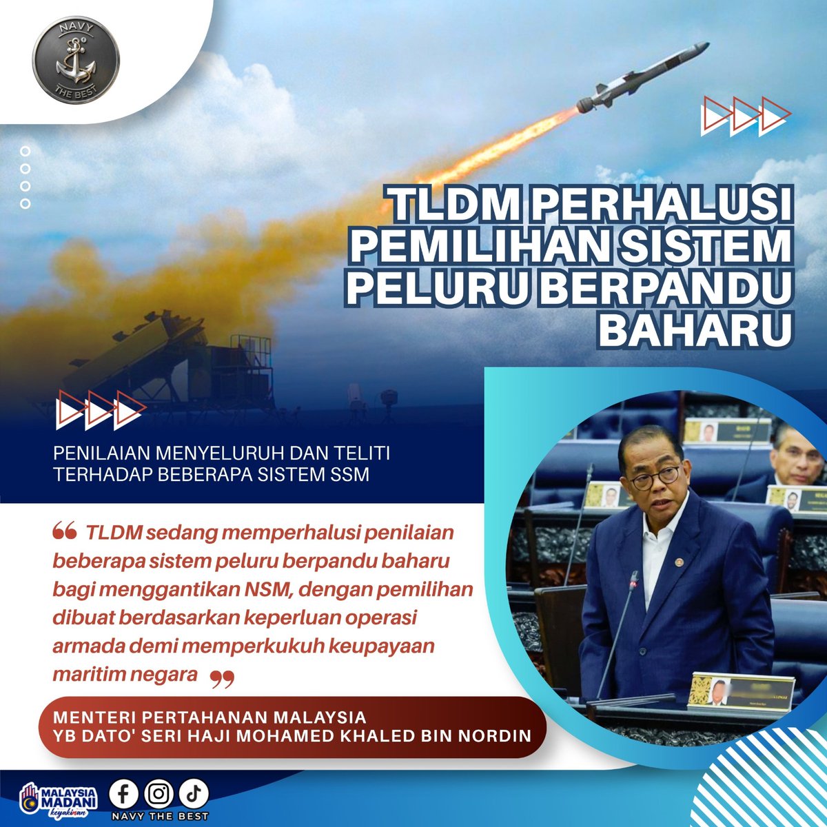 NavyTheBest2020's tweet photo. Kedaulatan maritim negara keutamaan kita! ��� TLDM kini sedang memperhalusi pemilihan sistem peluru berpandu baharu (SSM) demi memperkukuh keupayaan armada laut negara. Mantap! 💪🔥 https://t.co/Rsbs4UB9Sf