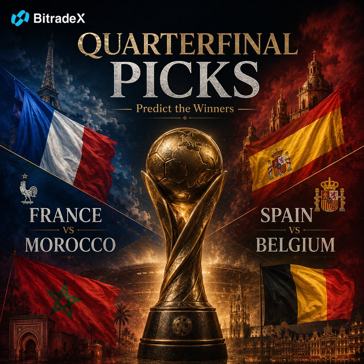 Bitradexen's tweet photo. Quarterfinals are here. ⚽️

Mbappé’s France meet Morocco again.
Spain face Belgium with a semifinal spot on the line.

Predict both winners for a chance to win:

#France  vs #Morocco 
#Spain  vs #Belgium 

Comment your UID + 2 winning teams.

7 winners · 5 USDT each

Winners will be randomly selected from correct answers in the comments.

Entries close before the first match kicks off. Edited comments will not count.

#BitradeX #WorldCup #DavidVilla #USDT