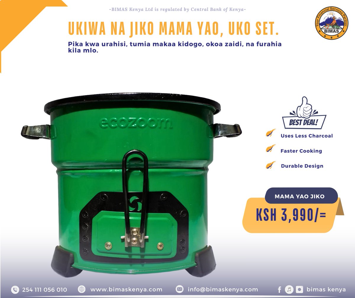 bimas_kenya's tweet photo. Still spending too much on charcoal? 

Switch to  mama yao jiko and cook more with less. Save on charcoal, lower your cooking costs, and enjoy every meal.

Grab yours today! Visit your nearest BIMAS branch or call to place your order.

#BIMASMicrofinance #JikoMamaYao #CookSmart https://t.co/1SP65M7kyz