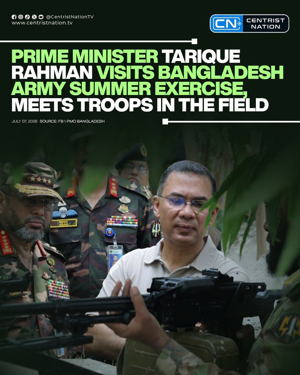 centristnattv's tweet photo. Prime Minister Tarique Rahman paid a surprise visit to the Bangladesh Army's summer training exercise in Singair, Manikganj, becoming the first prime minister in the country's history to personally inspect a summer field exercise. He observed tactical drills and operational preparations, interacted with officers and soldiers in the field and bunkers, shared a meal and tea with participating troops, and praised the army's professionalism, discipline, and vital role in safeguarding national security and maintaining law and order

#Bangladesh #Army #TariqueRahman #centristnation