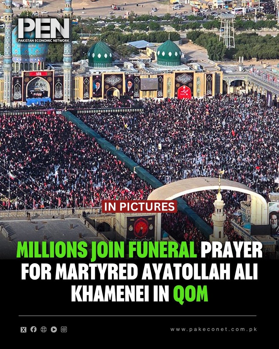 NetPakistan's tweet photo. Millions join funeral prayer for martyred Ayatollah Ali Khamenei in Qom
#Iran #AyatollahKhamenei #Qom #FuneralPrayer #PressT
via press Tv/x https://t.co/Fa1i5i4YsO