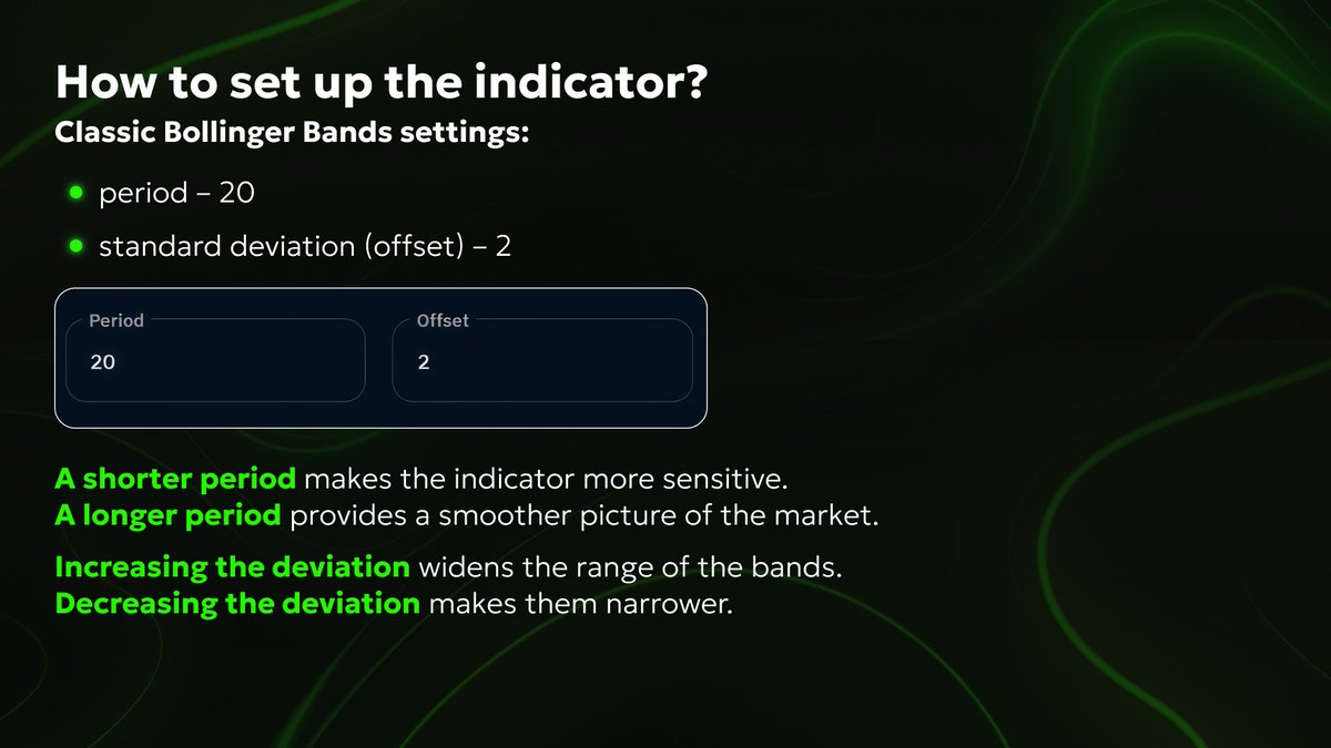 Neemex_en's tweet photo. Traders often face two extremes: the market is too quiet, and it’s unclear whether a strong move is coming. Or the price starts to move sharply, but it’s difficult to assess whether the momentum will continue.

To solve this problem, we recommend using Bollinger Bands. This tool helps assess volatility, identify potential reversal points, and better understand market conditions.
In the pictures, we’ll take a closer look at how Bollinger Bands work and in what situations they can be useful.

#neemex #trade #trading #finance