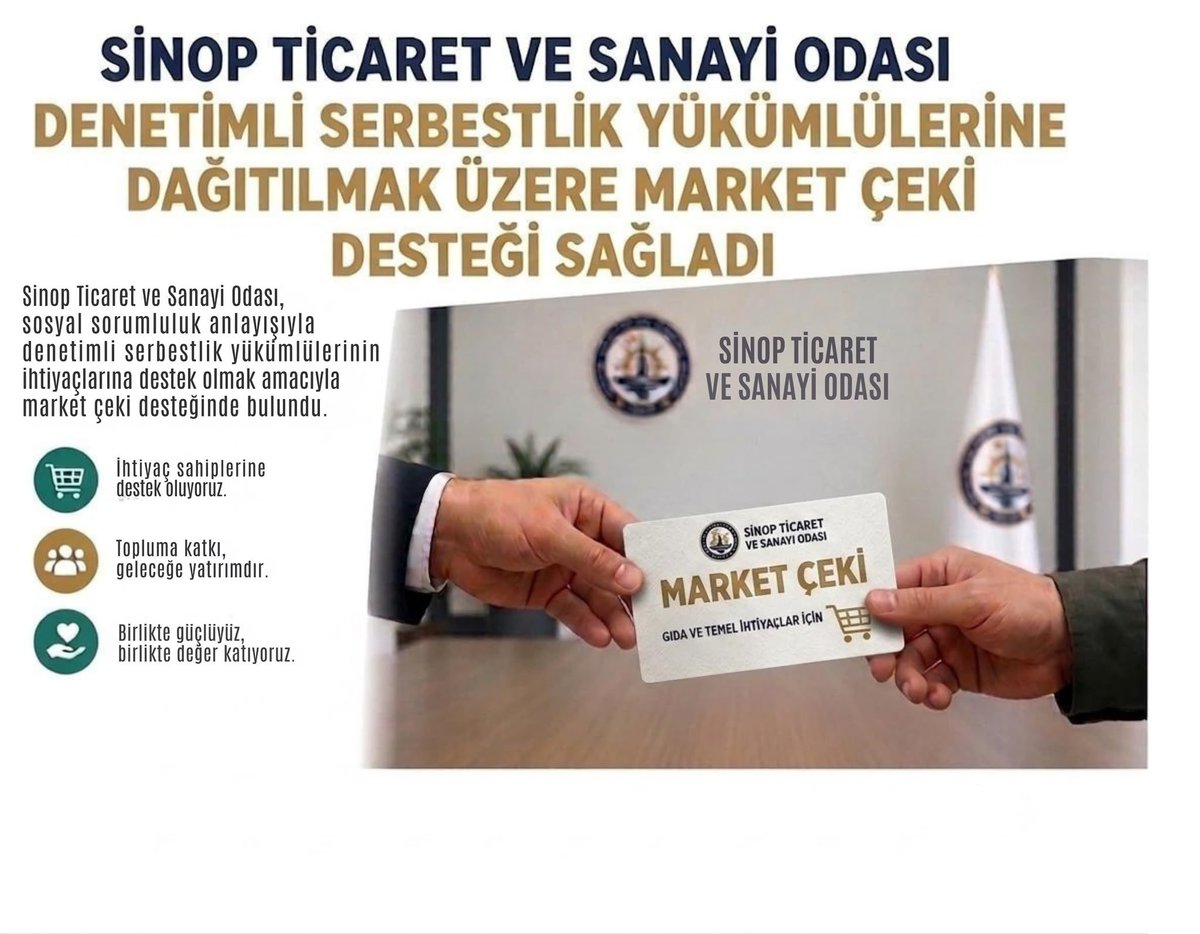 SinopDsm's tweet photo. 🤝 Sinop Ticaret ve Sanayi Odası Koruma Kurulu Üyesi olarak, Haziran ayı Olağan Koruma Kurulu Toplantısı kapsamında Sinop Denetimli Serbestlik Müdürlüğü yükümlülerine ulaştırılmak üzere market çeki desteğinde bulundu.
Sinop Ticaret ve Sanayi Odası Başkanlığına teşekkür ederiz. https://t.co/pdW4xlH0pc