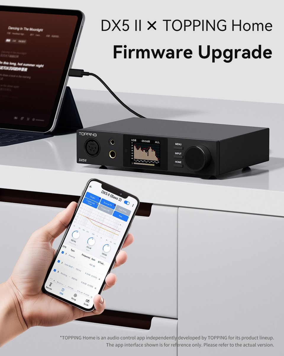 toppingaudio's tweet photo. Have you tried the DX5 II with TOPPING Home mobile app yet?📲

With the recent firmware update, DX5 II now works with TOPPING Home app, making daily control more convenient right from your phone.

🔗Firmware update https://t.co/m1HqfiLfka

Welcome to share your experience with us in the comments🙂

#toppingdx5ii #dx5iifirmware