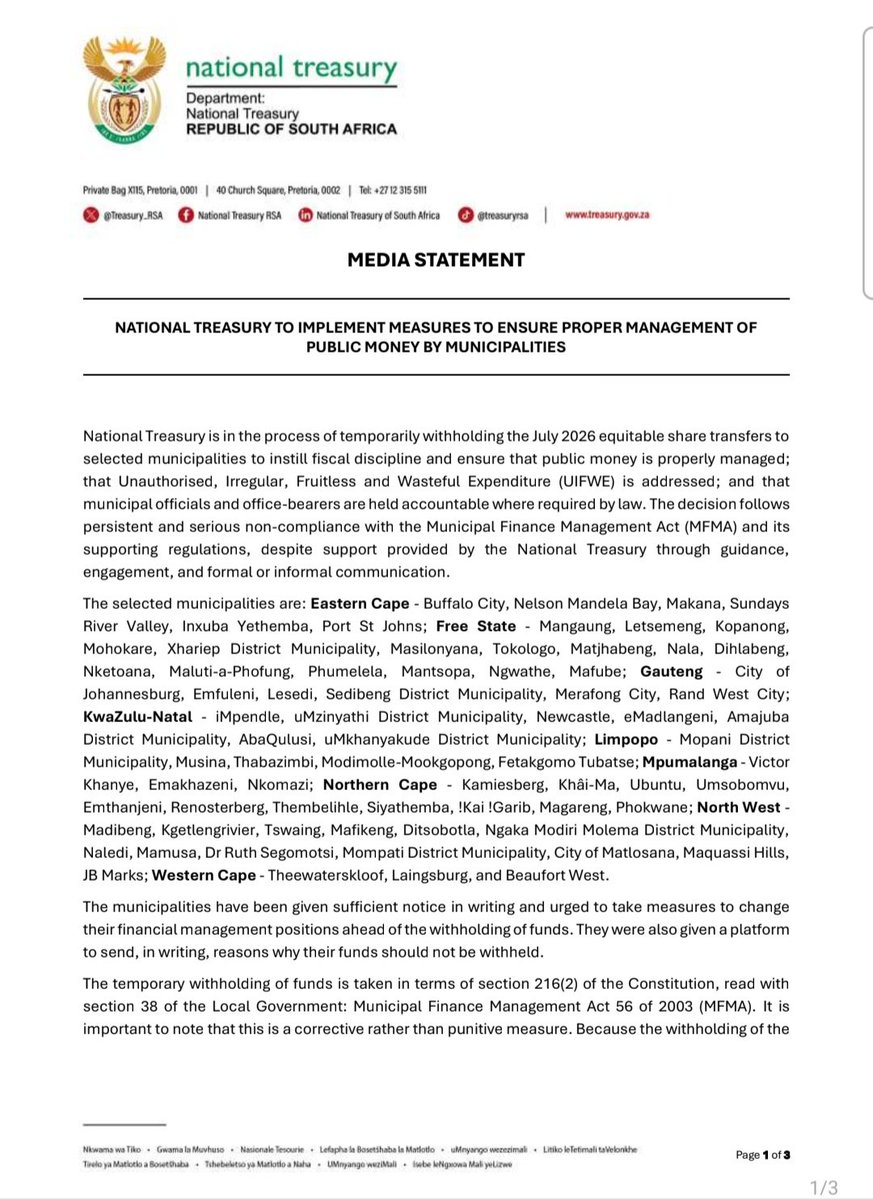 JordiGriff's tweet photo. 🤯Incredible decision by Treasury!

They are pulling the plug on equitable share grants to 69 failing municipalities across the country. This includes big metros like Johannesburg and Nelson Mandela Bay!

Exceptional iron fist leadership by the Minister and leadership team! 💪💪 https://t.co/Nk9nHvD2Aq