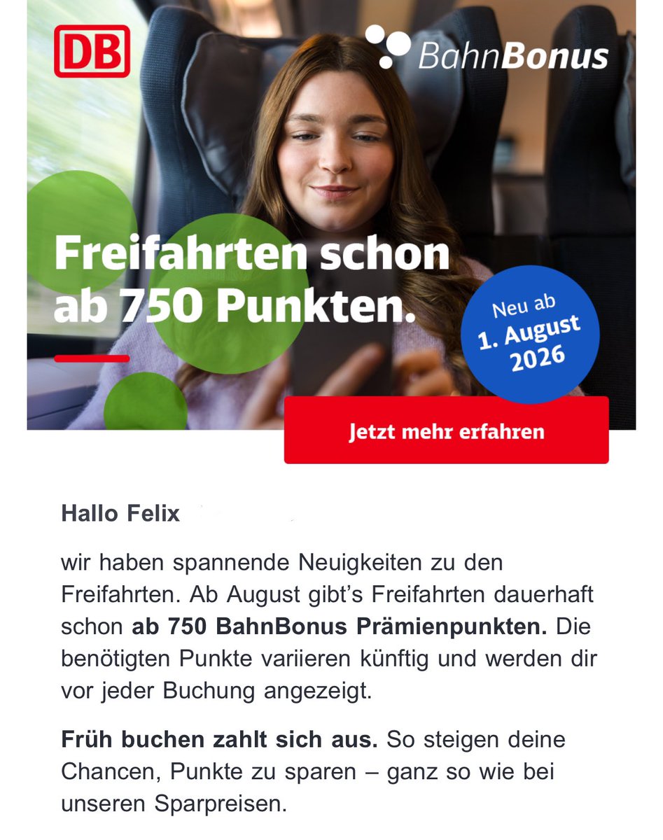 felixmxnr's tweet photo. wenn man wie jeder vernünftige die freifahrten für fahrten benutzt (hat) wo man etwas spontaner buchen muss leider miese abzocke, sehr schade @ db

und warum muss man diese änderung als vergünstigung verkaufen wenn der durschnitt der eingelösten punkte für eine fahrt steigen wird https://t.co/YcyZW8Tpqr