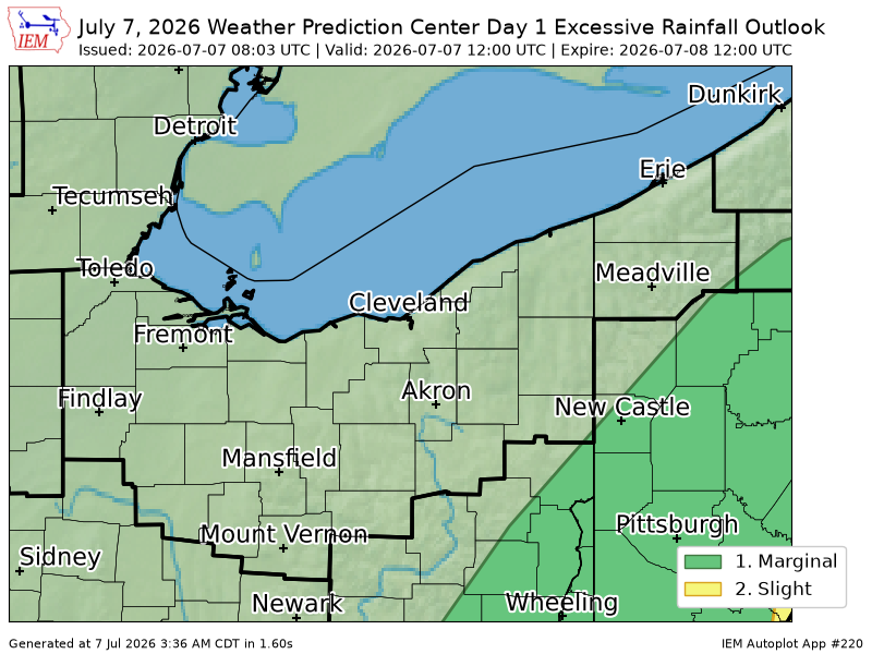 HuntersWx's tweet photo. WPC issues Day 1 Marginal Risk Excessive Rainfall Outlook at Jul 7, 8:03z for CLE https://t.co/NYJgODLAFG https://t.co/ql2mLFe8UB