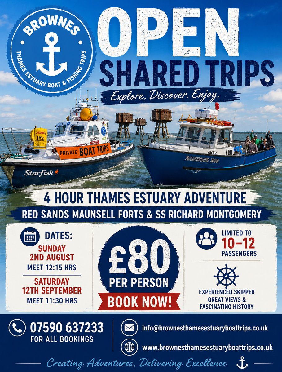 AngusBrowne1's tweet photo. 🚤 OPEN SHARED THAMES ESTUARY ADVENTURE TRIPS – NOW BOOKING! 🌊

Step aboard Starfish or Ronnoch Mor and experience one of the most unique boat trips on the Thames Estuary. 
🌐 https://t.co/Hkau5cmIEF

⚓ Limited spaces available – advance booking is essential!

Angus 👍⚓🛥️🦭🛟 https://t.co/TNGBdO8ewP
