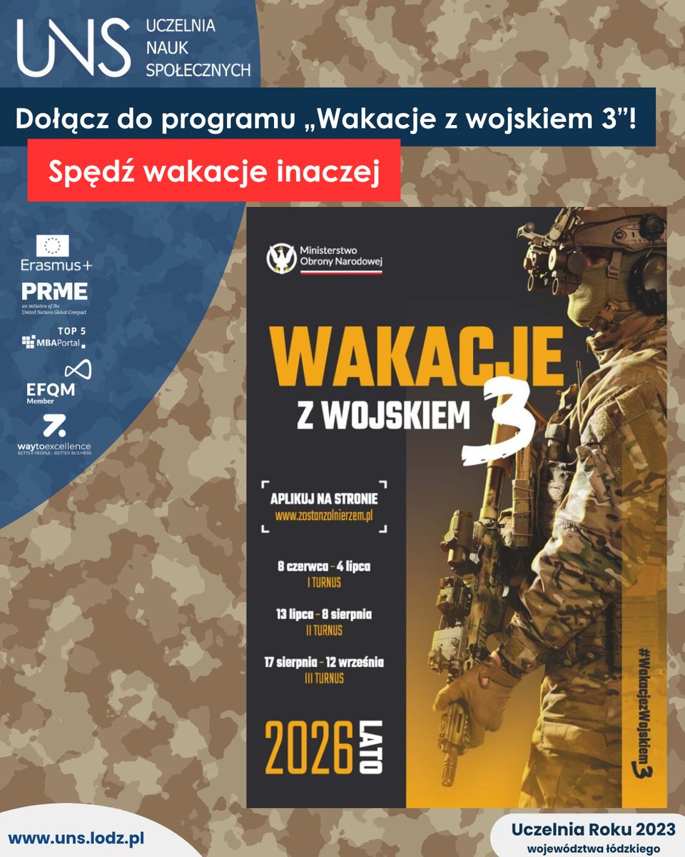StudiaUNS's tweet photo. 🪖 Wakacje z wojskiem 3! 27 dni szkolenia, blisko 6 500 zł brutto, zakwaterowanie i wyżywienie. Turnusy od 13.07 i 17.08. Zgłoś się: https://t.co/PKbHUGQevf #postawnarozwójzUNS https://t.co/zccwDn6VRk
