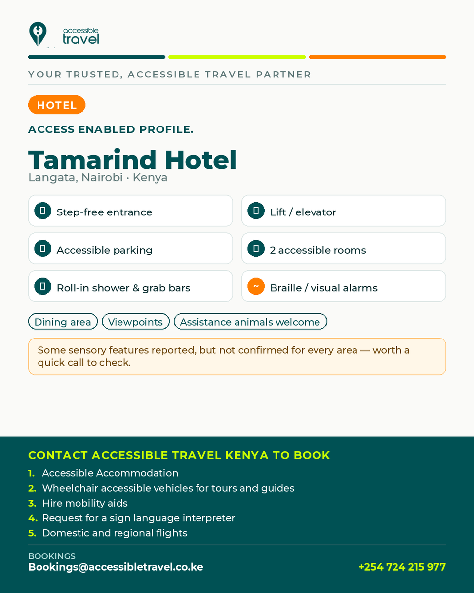 AccessTravelKE's tweet photo. @TamarindTreeKe, Langata: step-free entrance, working lift, accessible parking &amp; 2 rooms with roll-in showers. #AccessibleTravelKenya will arrange wheelchair accessible vehicles for your airport transfer and safari, mobility aids and sign language interpreters. 
+254724 215 977 https://t.co/mEBFuumriX