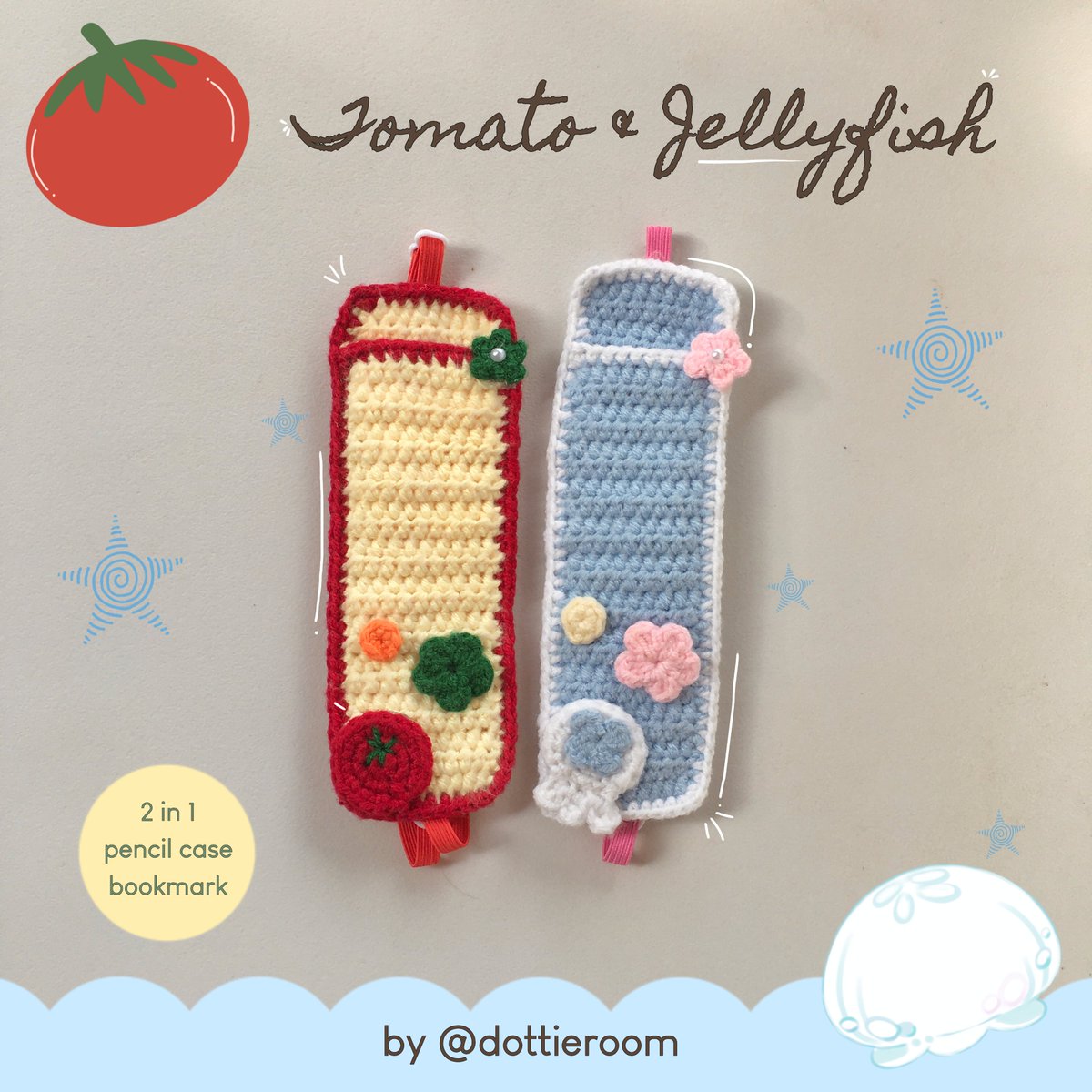dottieroom's tweet photo. [🔁 &amp; 🩷 are appreciated ]

🍅🪼 Tomato &amp; Jellyfish Crochet Pencil Case 

🫧 100% handmade 
🫧 Pencil Case + bookmark in one
🫧 Available now on 🍊!
https://t.co/VXok66lSnW https://t.co/NQI52GECxd