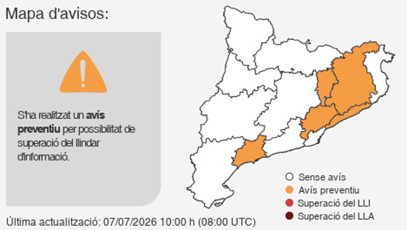 transicioeco's tweet photo. ⚠️ AVÍS PREVENTIU #ozóCAT 

Es preveu que els nivells d’ozó siguin elevats a les zones de qualitat de l'aire del Camp de Tarragona, Vallès - Baix Llobregat, Maresme, Plana de Vic i Comarques de Girona. A la resta, els nivells seran regulars.

Més ℹ️ de la #QualitatAire 👉 https://t.co/NKnb4yZk6n