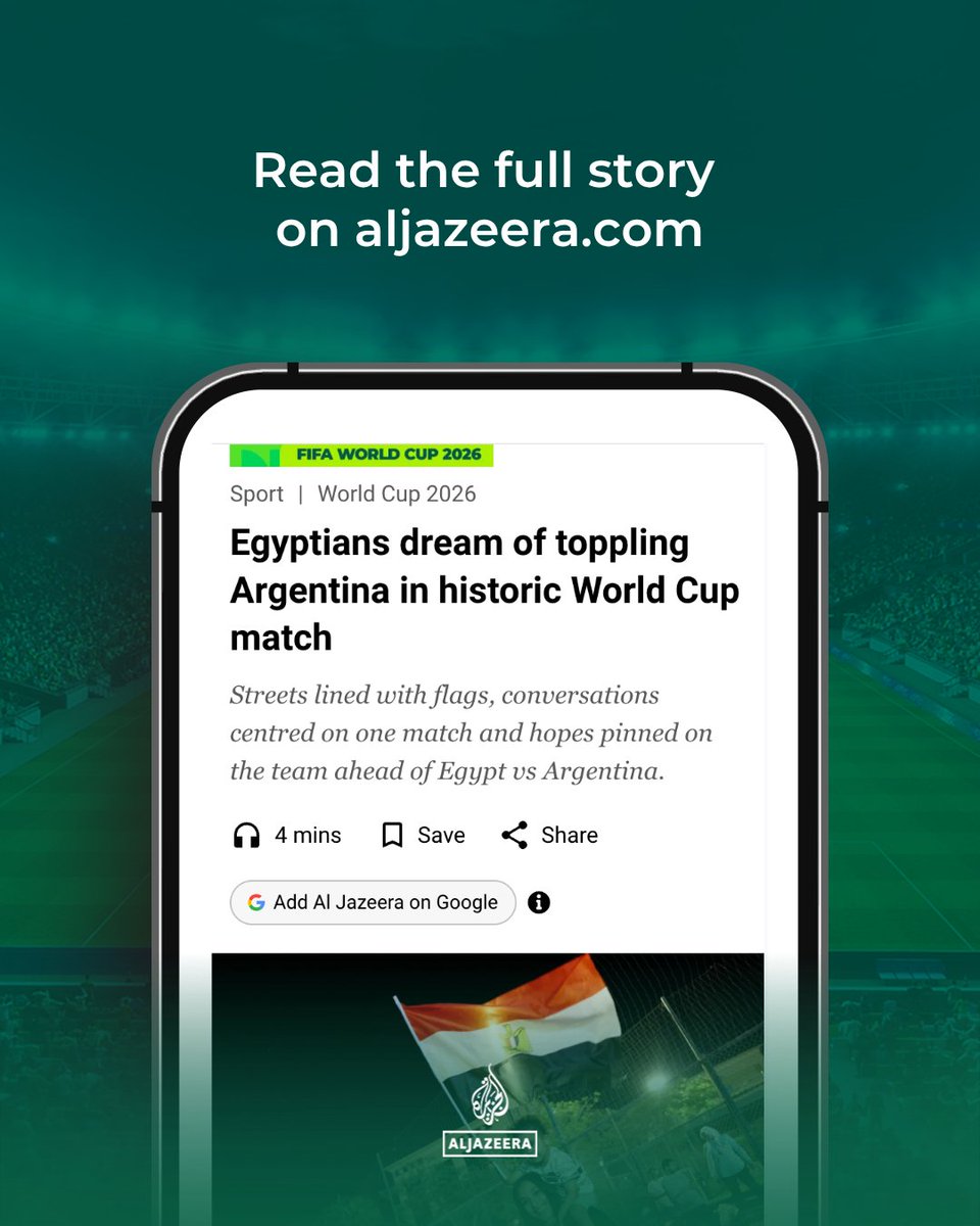 AJE_Sport's tweet photo. Egypt face the reigning world champions in a round-of-16 fixture in Atlanta, US, on Tuesday. Will the Pharaohs continue their historic World Cup run when they play against Argentina?

🔗: https://t.co/WBfAEyMoVD https://t.co/fRKmhIXHZx