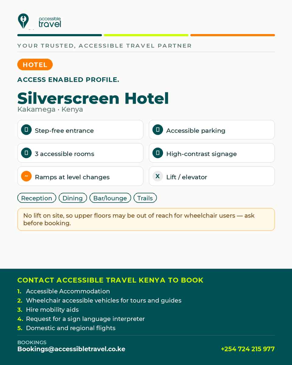 AccessTravelKE's tweet photo. Silverscreen Hotel, Kakamega: step-free entrance, accessible parking, 3 accessible rooms. No lift on site, so upper floors may be out of reach. We arrange accessible stays, vehicles, mobility aids &amp; interpreters. 📞0724 215 977 #AccessibleTravel #AccessEnabled #WesternKenya https://t.co/lVUAGIHFit