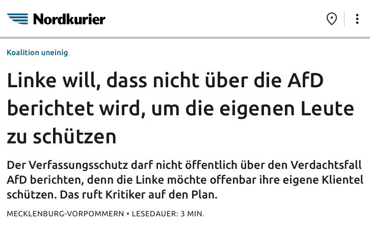 JHillje's tweet photo. "Der Verfassungsschutz Mecklenburg-Vorpommern hätte zur AfD gern über seine Erkenntnisse öffentlich berichtet, die SPD war dafür – die Linke lehnte ab, offenbar aus Sorge, dass auch linke Gruppen stärker ins Visier geraten." @Nordkurier https://t.co/yiMg39rYNE