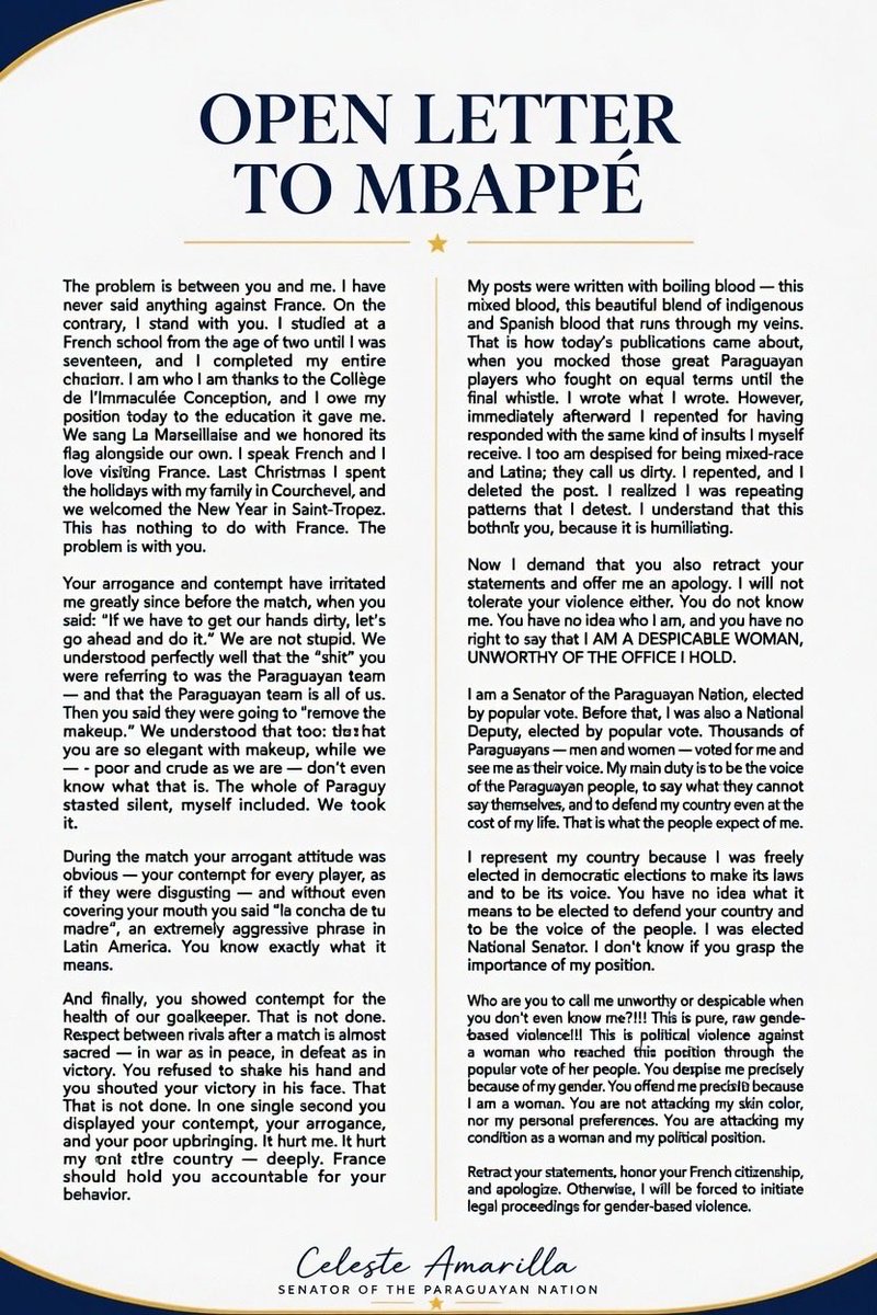 Quickie_001's tweet photo. Celeste Amarilla, the Senator of the Paraguayan Nation, has responded to Kylian Mbappé’s post.

“Open Letter To Mbappé”: https://t.co/FKBjJQUdnW