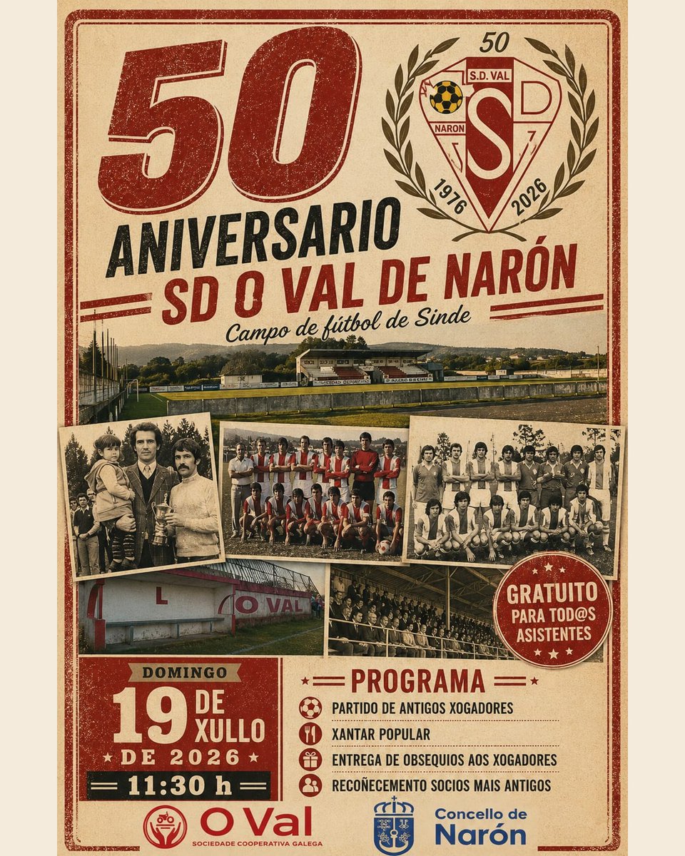 sdovaldenaron's tweet photo. 50 anos de historia.
O vindeiro 19 de xullo queremos compartir con todos vós unha xornada moi especial para homenaxear a nosa historia e ás persoas que a construíron. Están convidados todos os socios e as familias de todos os xogadores que participen no encontro.
#ImusVal https://t.co/GhPF0t90ki