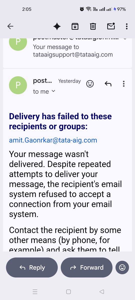 onlyforBJP's tweet photo. What happened with ur services following up by email id "sarvesh.iipm@gmail.com" but all mail bounced or no one replying. U.clarification for
Renewal Reminder for Your TATA AIG MediCare Policy No. 0238552556
इतनी घटिया सर्विस या इतने बिजी की समय ही नहीं ❓
@TATAAIGIndia https://t.co/UFVLBLya9G