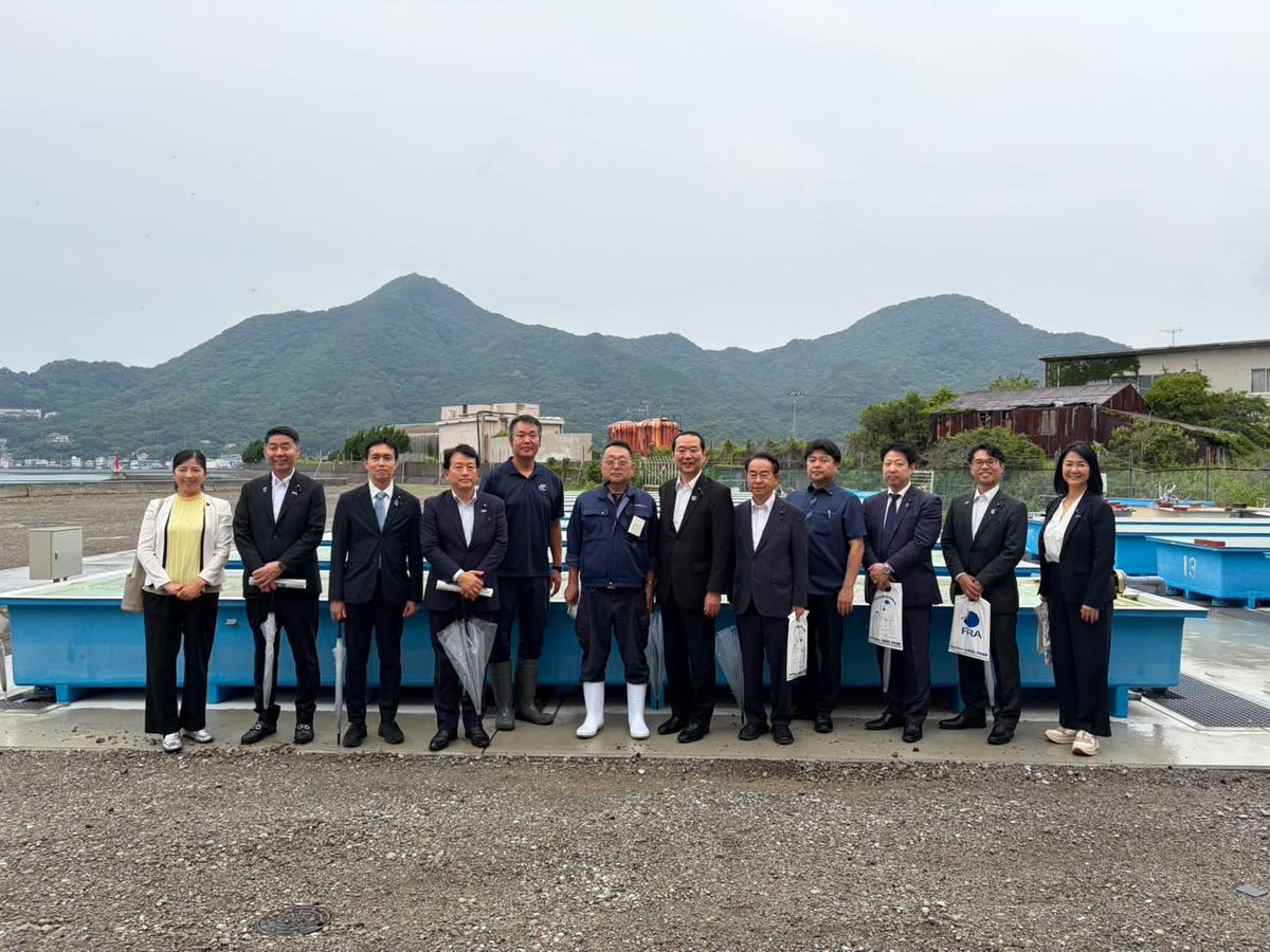 KONYosuke0118's tweet photo. 7月6日（月）、衆議院農林水産委員会での視察として、静岡県・伊豆地域での養殖漁業に関する取組を見させていただきました。

最初にお伺いした、国立研究開発法人水産研究・教育機構では、ウナギの人工種苗の研究をされています。完全養殖に世界で最初に成功した機関で、一尾の種苗（ウナギの稚魚）を現在では1800円で生産できるまで技術が進んでおり、これからその社会実装に取り組まれるとのことでした。
このような日本が誇る大切な技術を、社会に着実に広めるとともに、知財として保護していく必要性を感じました。

次にお伺いした、静岡県温水利用研究センター沼津分所では、マダイやアワビ、ノコギリガサミ（カニの一種）などの養殖を行い、県内の各地に提供しているそうです。
これから施設を新しくして、閉鎖循環システムの導入などを通じて更なる生産拡大を目指すとのことでした。

最後に、養殖マダイ日本一を誇る、内浦漁業協同組合の皆さまとの意見交換をさせていただきました。
資材・燃油の高騰による影響や、施設の老朽化への対応、さらには気候変動による水温上昇等の影響（環境変化による漁獲量や魚種の変化など）など、多岐にわたる課題をお教えいただき、今後の政策に生かしていかなければならないとの思いを新たにいたしました。

日本の漁業総生産量は令和6年で364万トンですが、そのうち養殖業は約22％を占めます。これからますます重要性が増してくる養殖業を、しっかりと支えていきます。
#衆議院議員 #福井 #自民党 #今ようすけ #対話から福井を未来へ