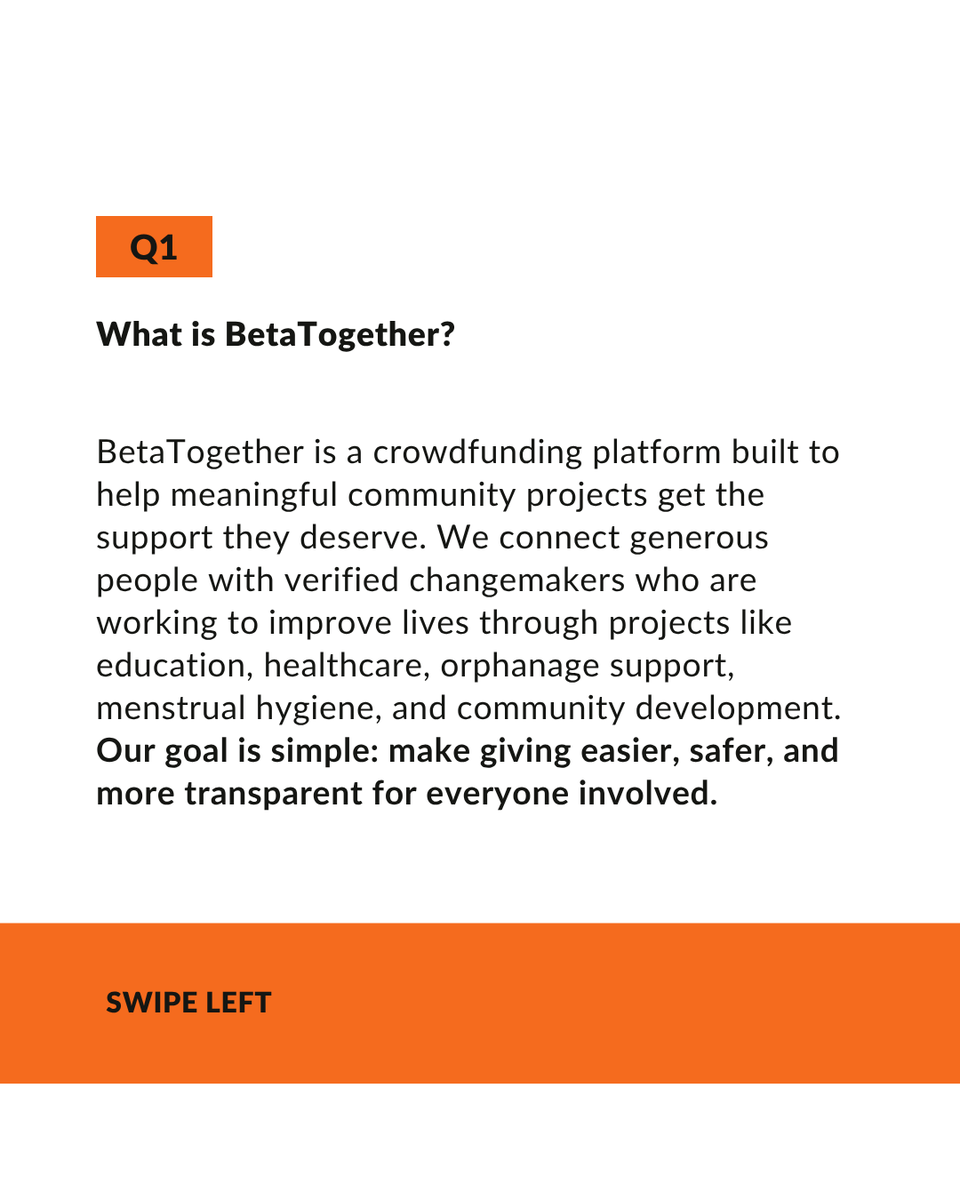 dobetatogether's tweet photo. Trust starts with transparency. 💙

Swipe through our Q&amp;A to learn how BetaTogether is connecting donors with verified community projects. https://t.co/4yBushNxwd