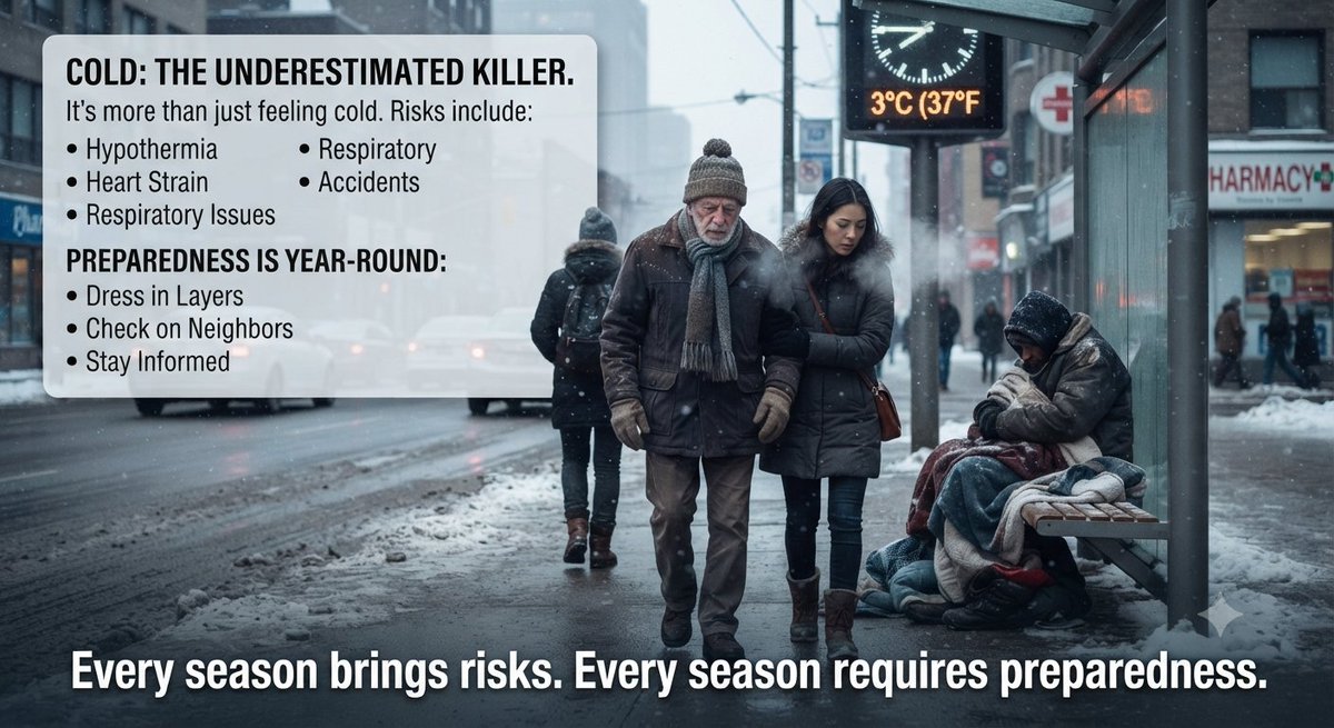 CivilDefenceAU's tweet photo. Cold is one of the deadliest natural hazards—but it's often underestimated.
When people think of climate-related risks, they usually picture heatwaves, floods, or bushfires.

Yet cold weather continues to claim lives every year, particularly among older adults, infants, people experiencing homelessness, and those with underlying health conditions.

In fact, many studies have found that cold-related deaths currently exceed heat-related deaths globally. While heatwaves often receive more attention because of their sudden and dramatic impacts, cold weather remains a significant and persistent public health risk.

Cold doesn't have to be extreme to be dangerous. It can increase the risk of hypothermia, worsen heart and respiratory conditions, reduce dexterity and decision-making, and contribute to accidents on the road and at home.

Climate change is about more than rising temperatures. It is changing weather patterns, increasing variability, and influencing the frequency, intensity, and duration of many types of extreme weather events. Depending on the region, this can include severe cold outbreaks alongside more frequent and intense heat events.

Every season brings risks. Every season requires preparedness.