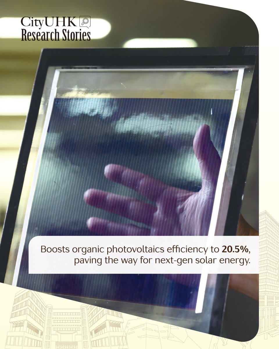 CityUHongKong's tweet photo. ⚡The "energy traps" in organic photovoltaics — spin-triplet excitons — have long been lost as heat, unable to generate electricity. #CityUHK Professor Alex Jen's team has broken a decade-long bottleneck, “turned waste into treasure” by recycling these excitons into usable charge carriers, achieving 20.5% power conversion efficiency!

Two breakthroughs:
🔬 Triplet excitons re-dissociate into free charge carriers
📈 Lab efficiency has surpassed 21%, paving the way for next-gen photovoltaics

Published in Nature, bringing new hope for clean energy! 🌿
🔗 Read more: https://t.co/B3apInC56X