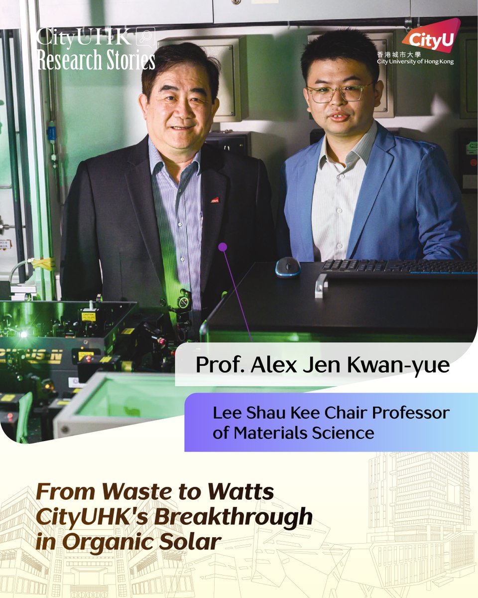 CityUHongKong's tweet photo. ⚡The "energy traps" in organic photovoltaics — spin-triplet excitons — have long been lost as heat, unable to generate electricity. #CityUHK Professor Alex Jen's team has broken a decade-long bottleneck, “turned waste into treasure” by recycling these excitons into usable charge carriers, achieving 20.5% power conversion efficiency!

Two breakthroughs:
🔬 Triplet excitons re-dissociate into free charge carriers
📈 Lab efficiency has surpassed 21%, paving the way for next-gen photovoltaics

Published in Nature, bringing new hope for clean energy! 🌿
🔗 Read more: https://t.co/B3apInC56X