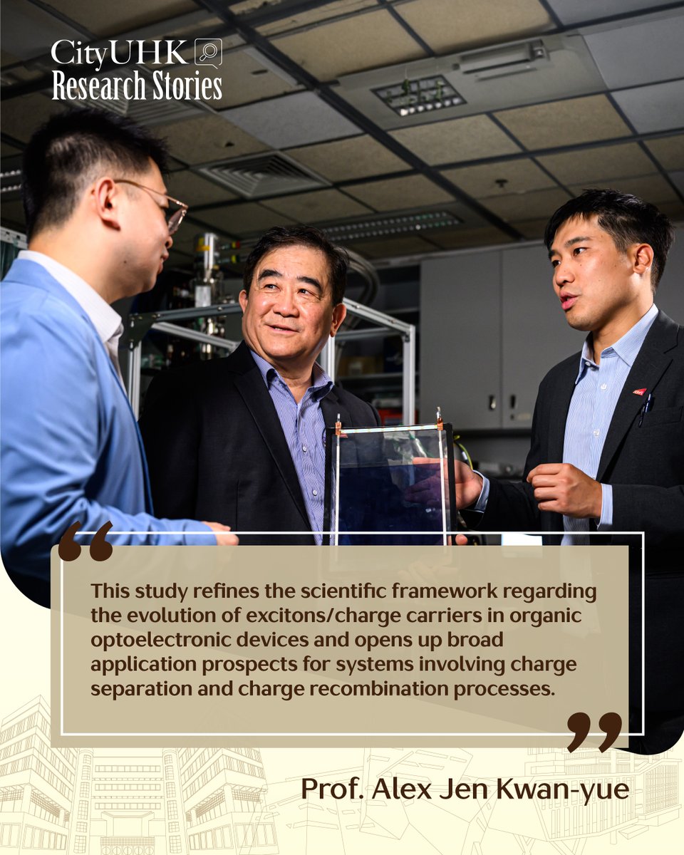 CityUHongKong's tweet photo. ⚡The "energy traps" in organic photovoltaics — spin-triplet excitons — have long been lost as heat, unable to generate electricity. #CityUHK Professor Alex Jen's team has broken a decade-long bottleneck, “turned waste into treasure” by recycling these excitons into usable charge carriers, achieving 20.5% power conversion efficiency!

Two breakthroughs:
🔬 Triplet excitons re-dissociate into free charge carriers
📈 Lab efficiency has surpassed 21%, paving the way for next-gen photovoltaics

Published in Nature, bringing new hope for clean energy! 🌿
🔗 Read more: https://t.co/B3apInC56X