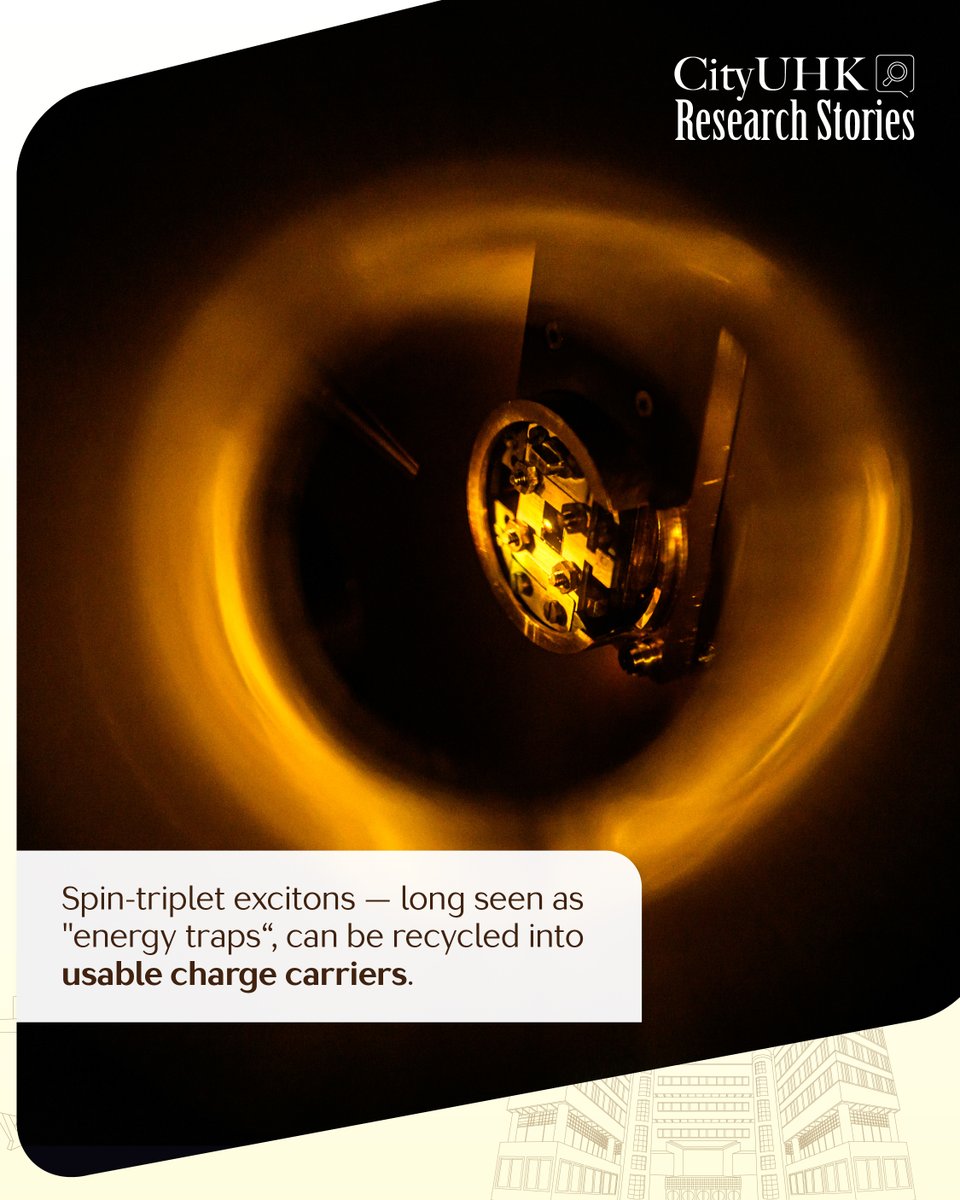 CityUHongKong's tweet photo. ⚡The "energy traps" in organic photovoltaics — spin-triplet excitons — have long been lost as heat, unable to generate electricity. #CityUHK Professor Alex Jen's team has broken a decade-long bottleneck, “turned waste into treasure” by recycling these excitons into usable charge carriers, achieving 20.5% power conversion efficiency!

Two breakthroughs:
🔬 Triplet excitons re-dissociate into free charge carriers
📈 Lab efficiency has surpassed 21%, paving the way for next-gen photovoltaics

Published in Nature, bringing new hope for clean energy! 🌿
🔗 Read more: https://t.co/B3apInC56X