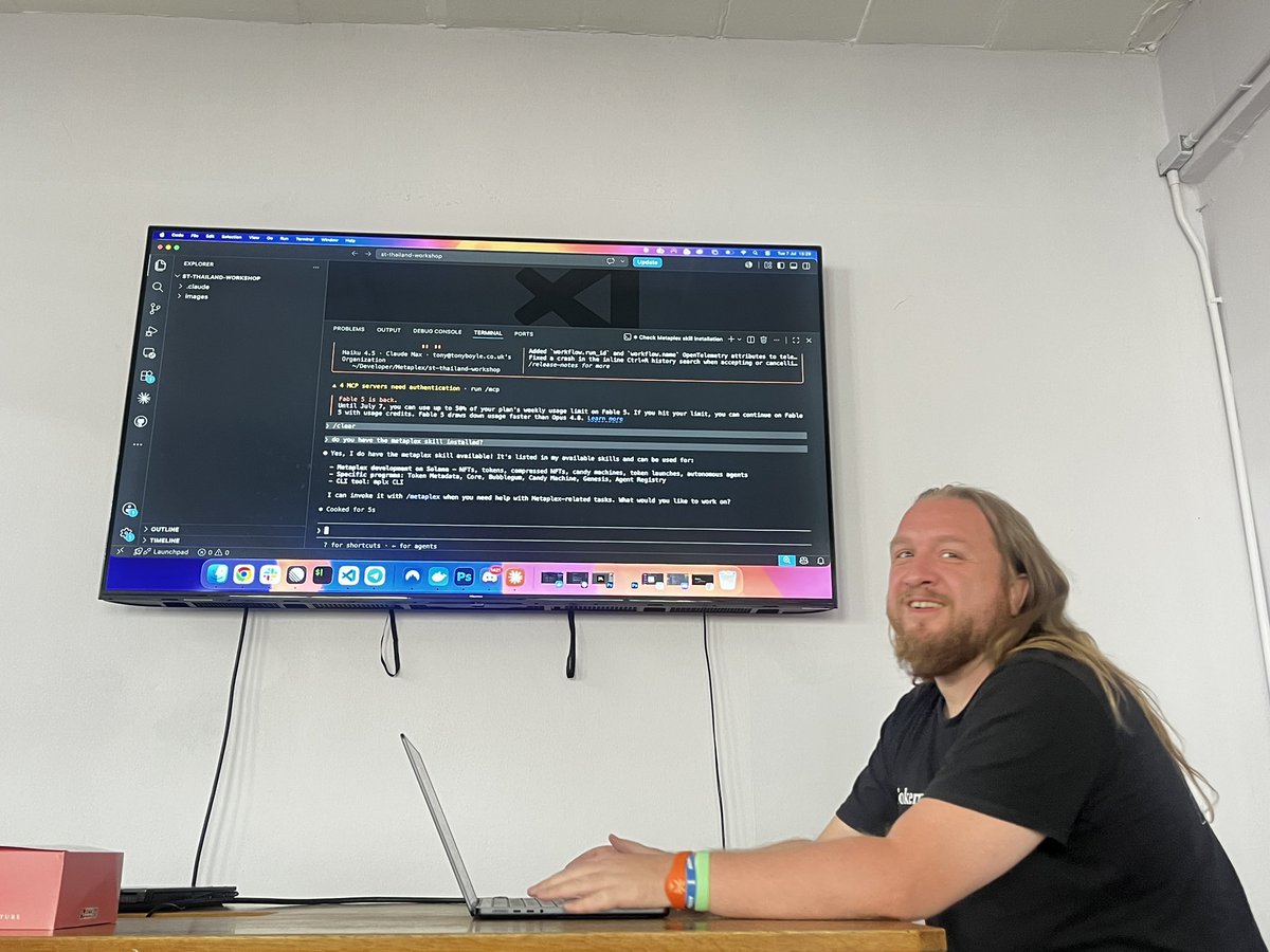SuperteamTH's tweet photo. What is @metaplex ?

Our first official workshop.
full room with legend @tonyboyletweets 

From token metadata, candy machine, bubblegum to genesis and [redacted]

Build with Metaplex Skills. 
Best time to build on Solana. https://t.co/j5yGc1ZSBp