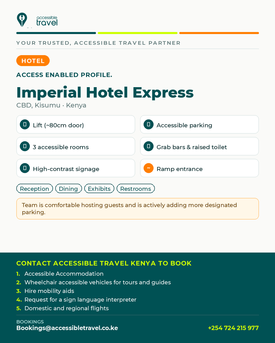 AccessTravelKE's tweet photo. Imperial Hotel Express, Kisumu: working lift, accessible parking, 3 accessible rooms w/ grab bars. Team's adding more designated parking. Book your accessible stay + vehicle + interpreter with us. 📞0724 215 977 #AccessibleTravel #Kisumu @spiritofkisumu #DisabilityTwitter #MICE https://t.co/lOBTTakxNR