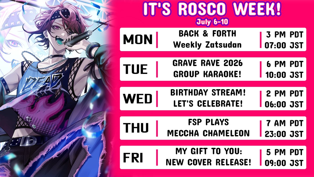 rosco_graves's tweet photo. THE ROSCO WEEK SCHEDULE!
🥳 July 6th - July 10th 🎂

graphic design is my passion
(as always, thumbnails are appreciated!)

#GraveRave2026 https://t.co/o8gVZE9AYL